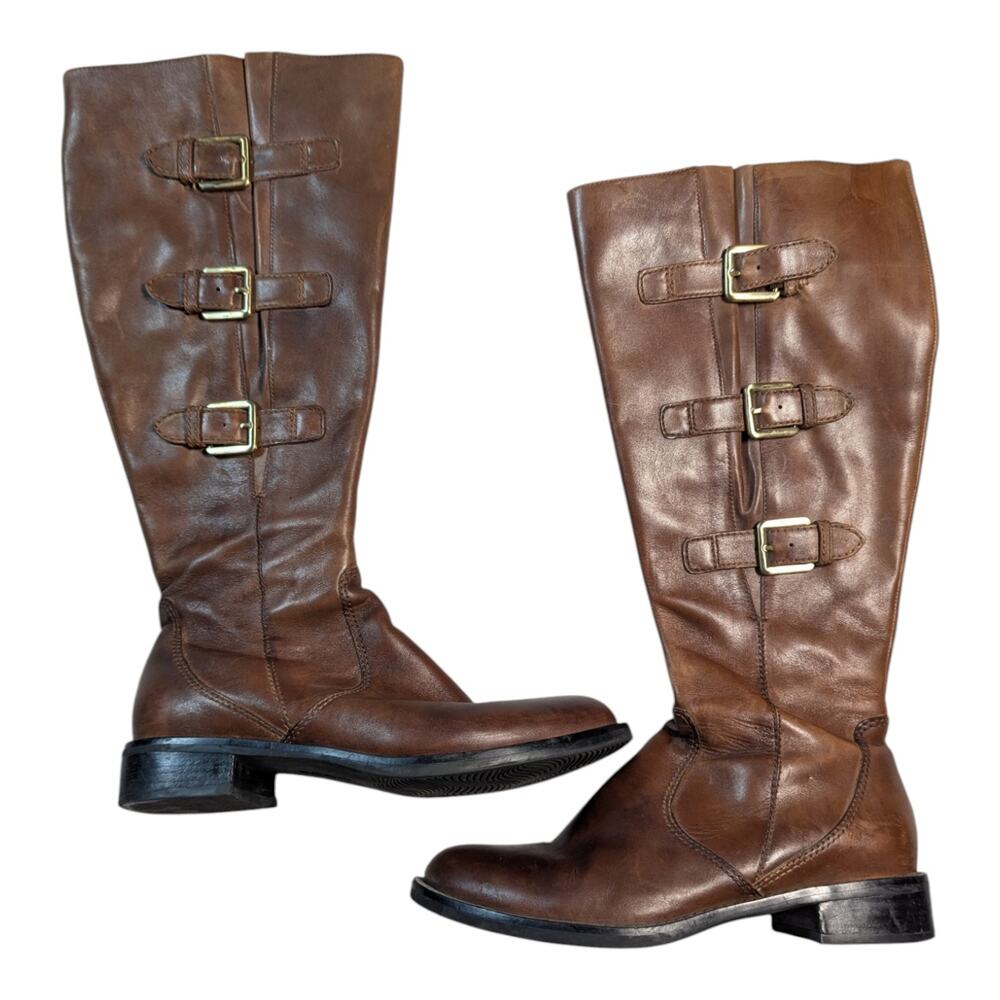 Ecco Hobart Brown Leather Almond Toe Knee High 3 Buckle Riding Boots EU 37 6.5